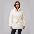 Haven belted puffer coat in cream on model