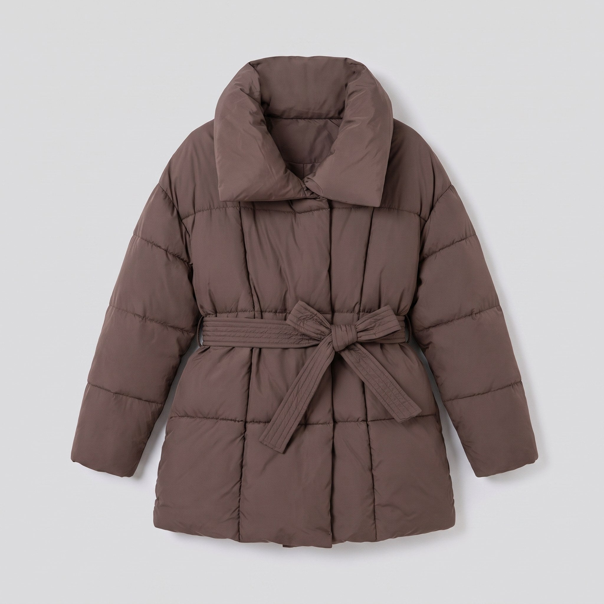 Haven belted puffer coat in brown, flat lay product shot
