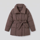 Haven belted puffer coat in brown, flat lay product shot