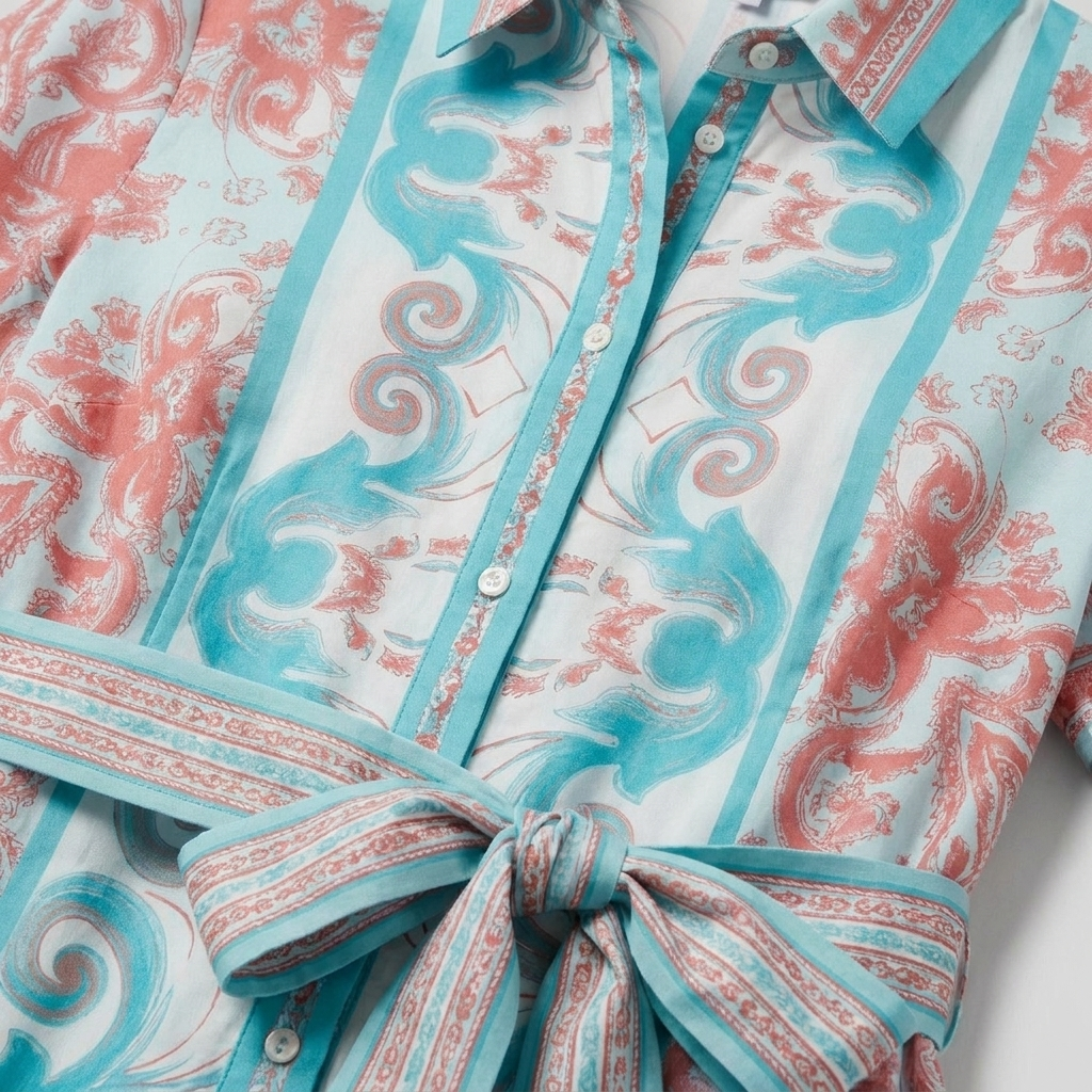 White A-line midi dress fabric detail close-up showing collar and buttons