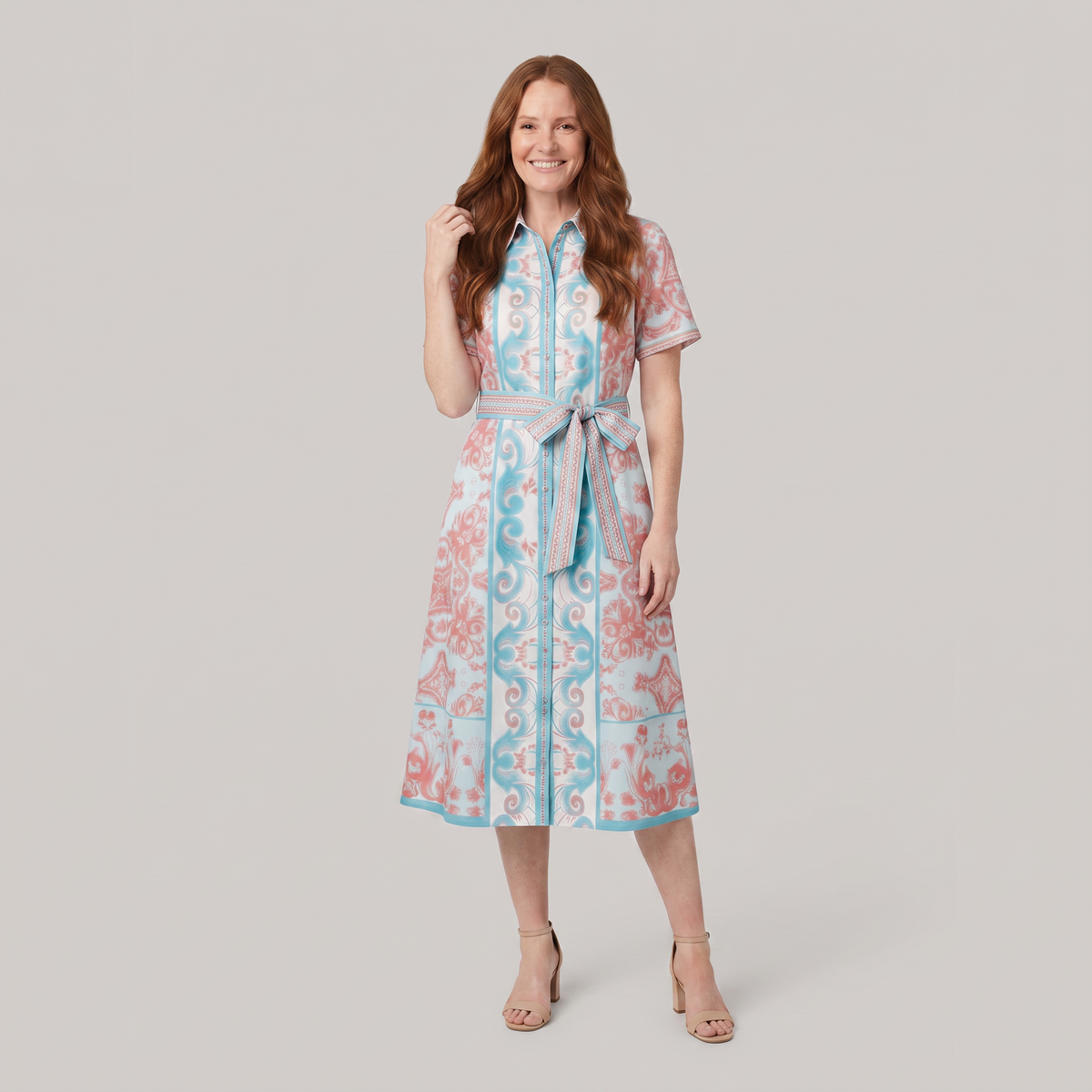 Women's white A-line collared midi dress with tie belt, full-length front view on model