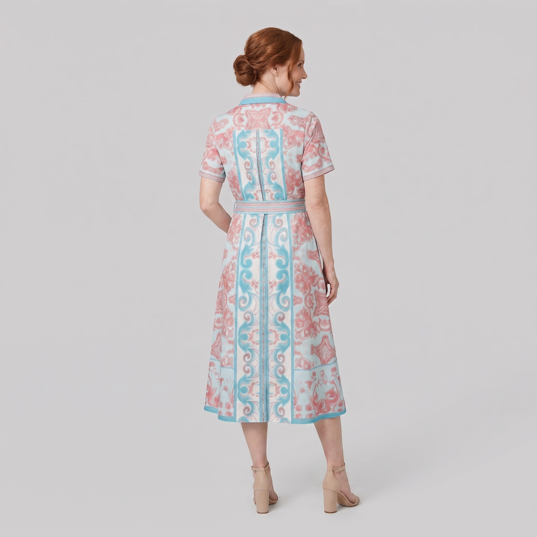 White A-line collared midi dress, back view on model