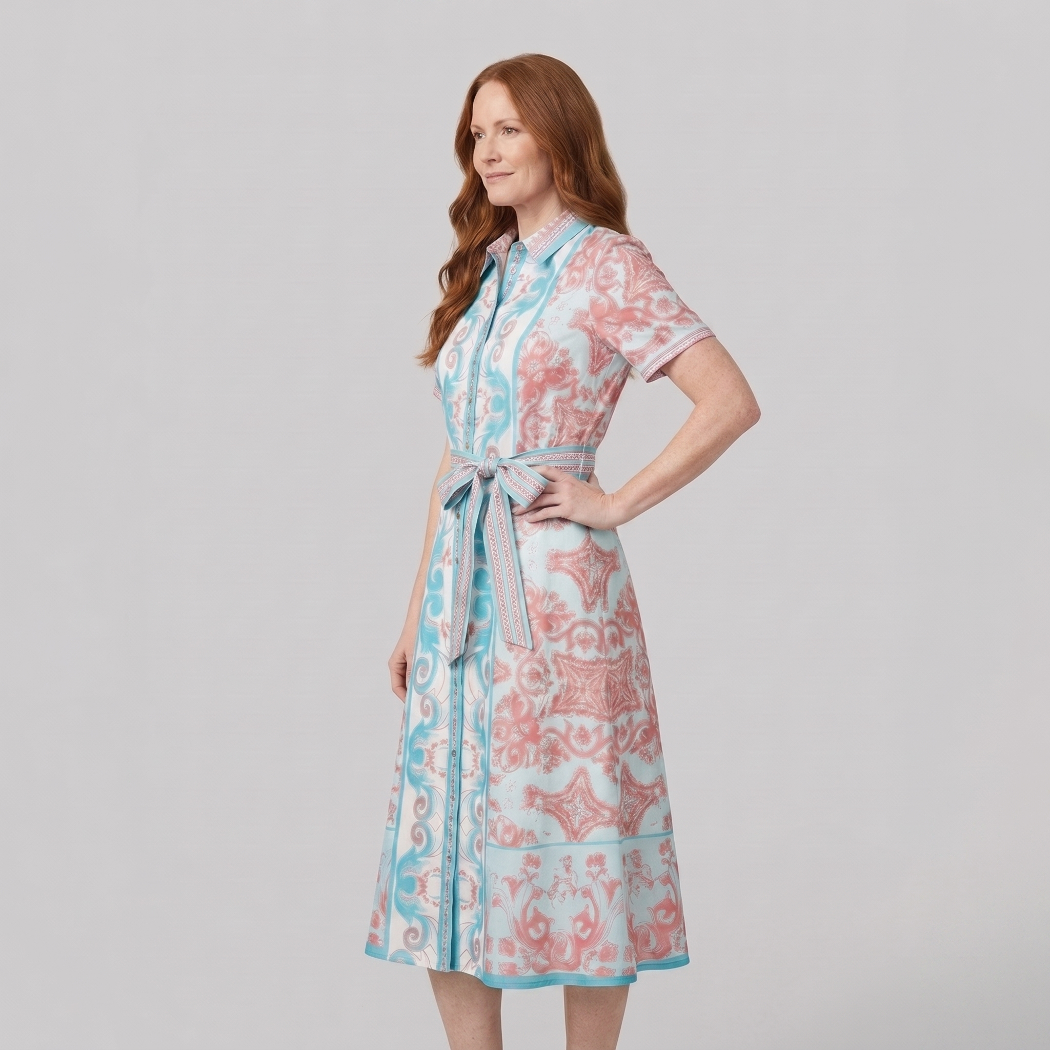 White collared midi dress with belt, three-quarter side view on model