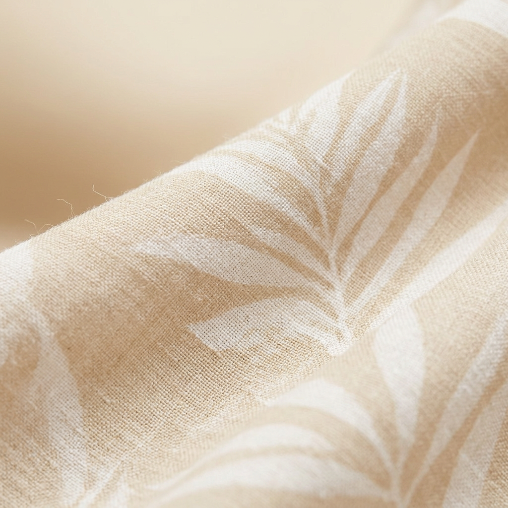 Tropical leaf print fabric close-up detail, beige cream base with green pattern