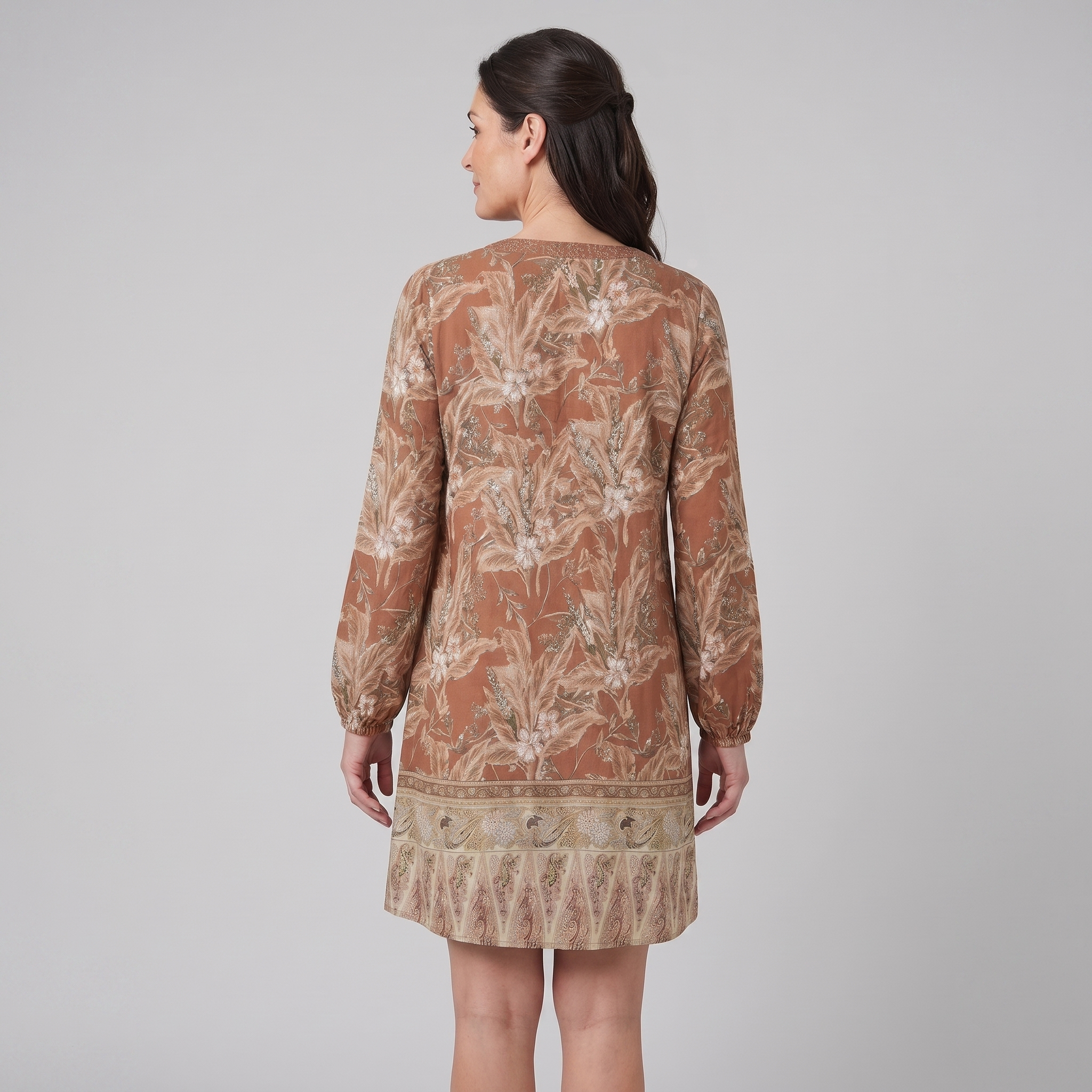 Brown floral shift mini dress, back view on model showing silhouette