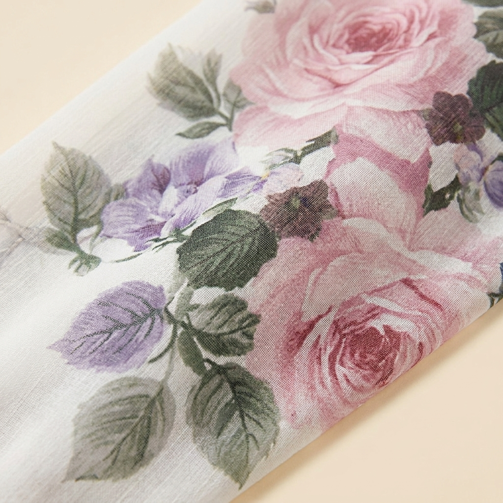 White floral print dress fabric close-up detail