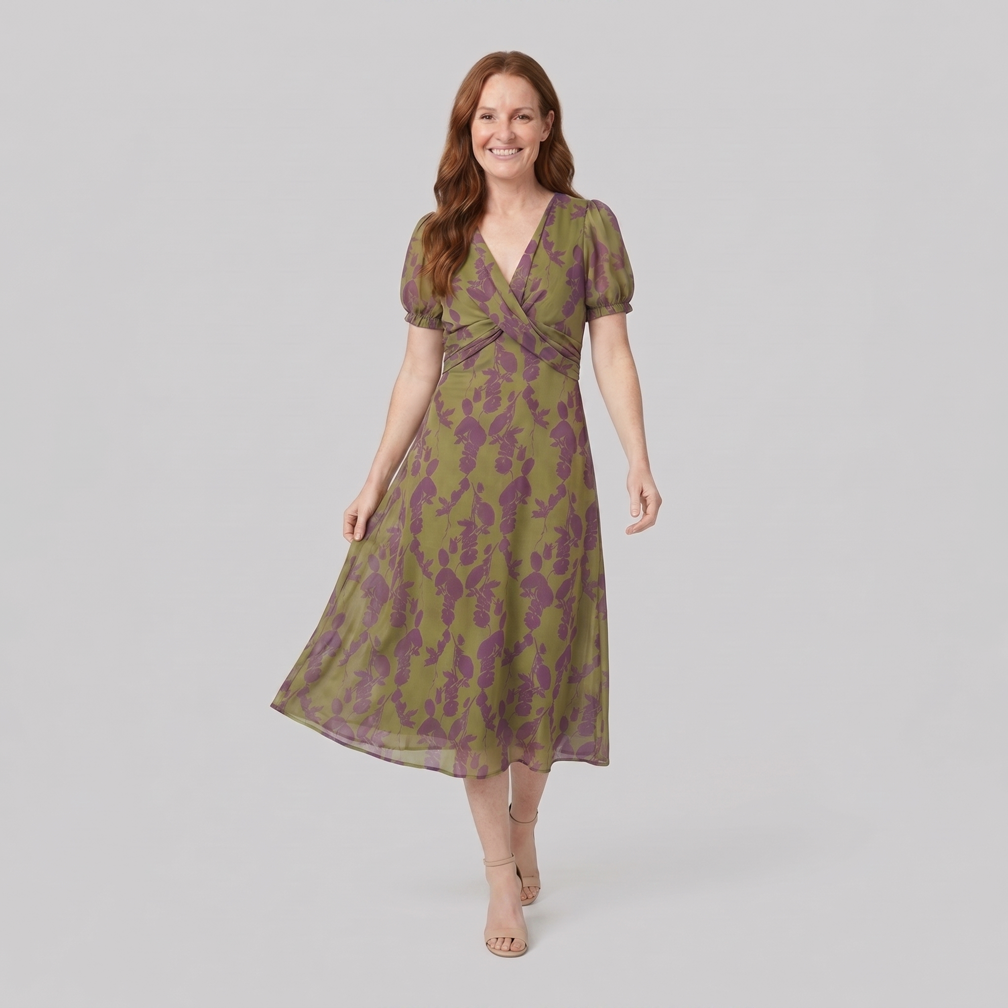 Virel Floral Midi Dress walking pose on model