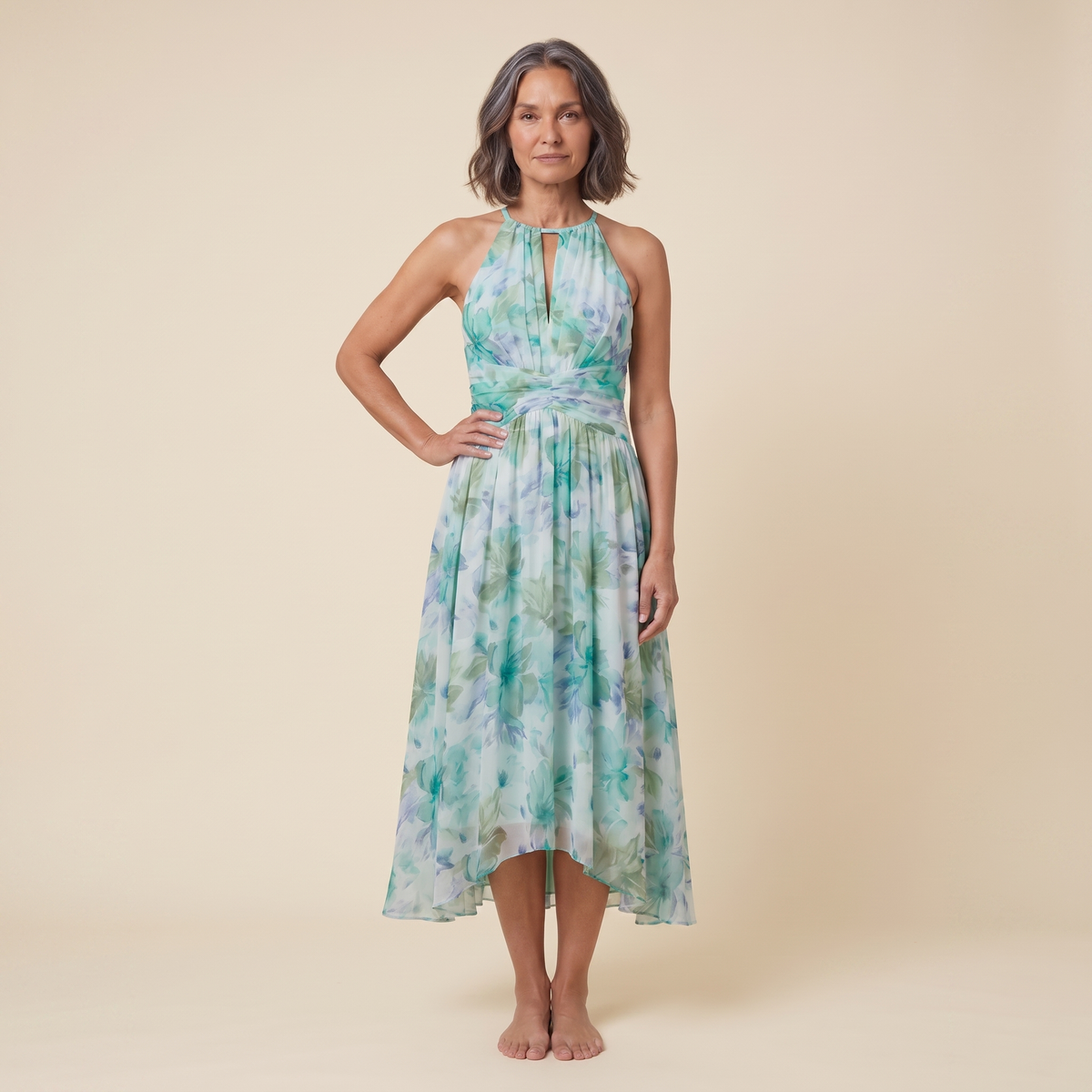 Poppy Dress green floral halter midi front view on model