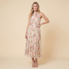 Aurelle Floral Midi Dress three quarter angle on model