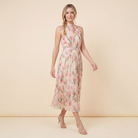 Aurelle Floral Midi Dress walking pose on model