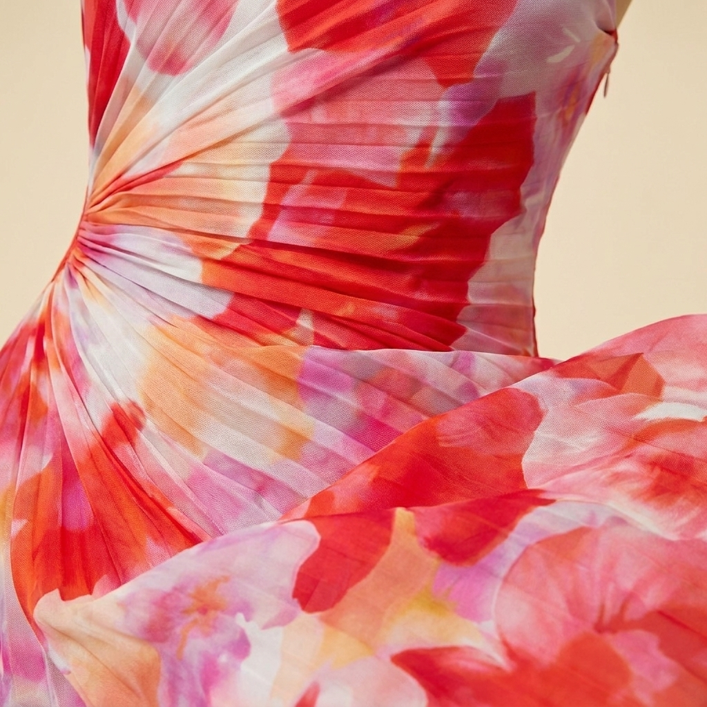 Taya Midi Dress Floral One Shoulder Pleated - Fabric Close-Up Detail