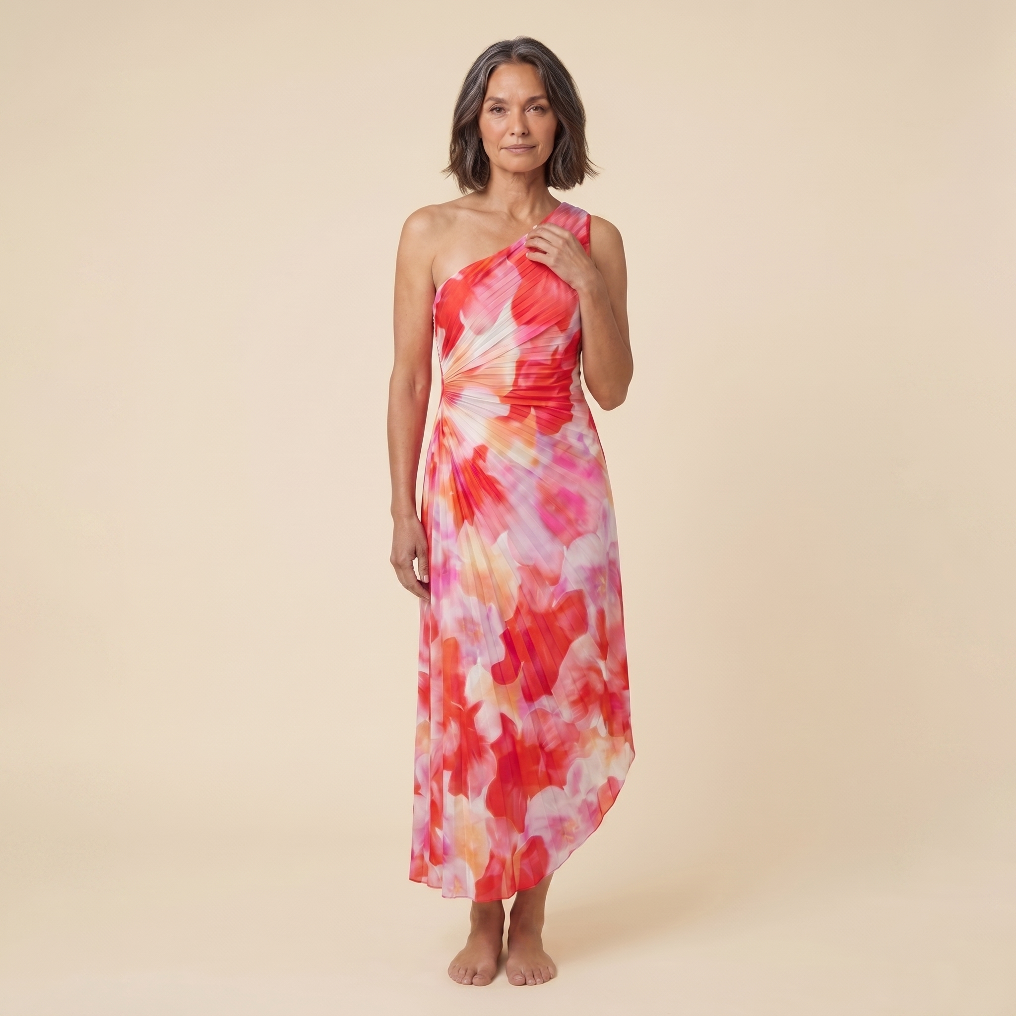 Taya Midi Dress Floral One Shoulder Pleated - Front View