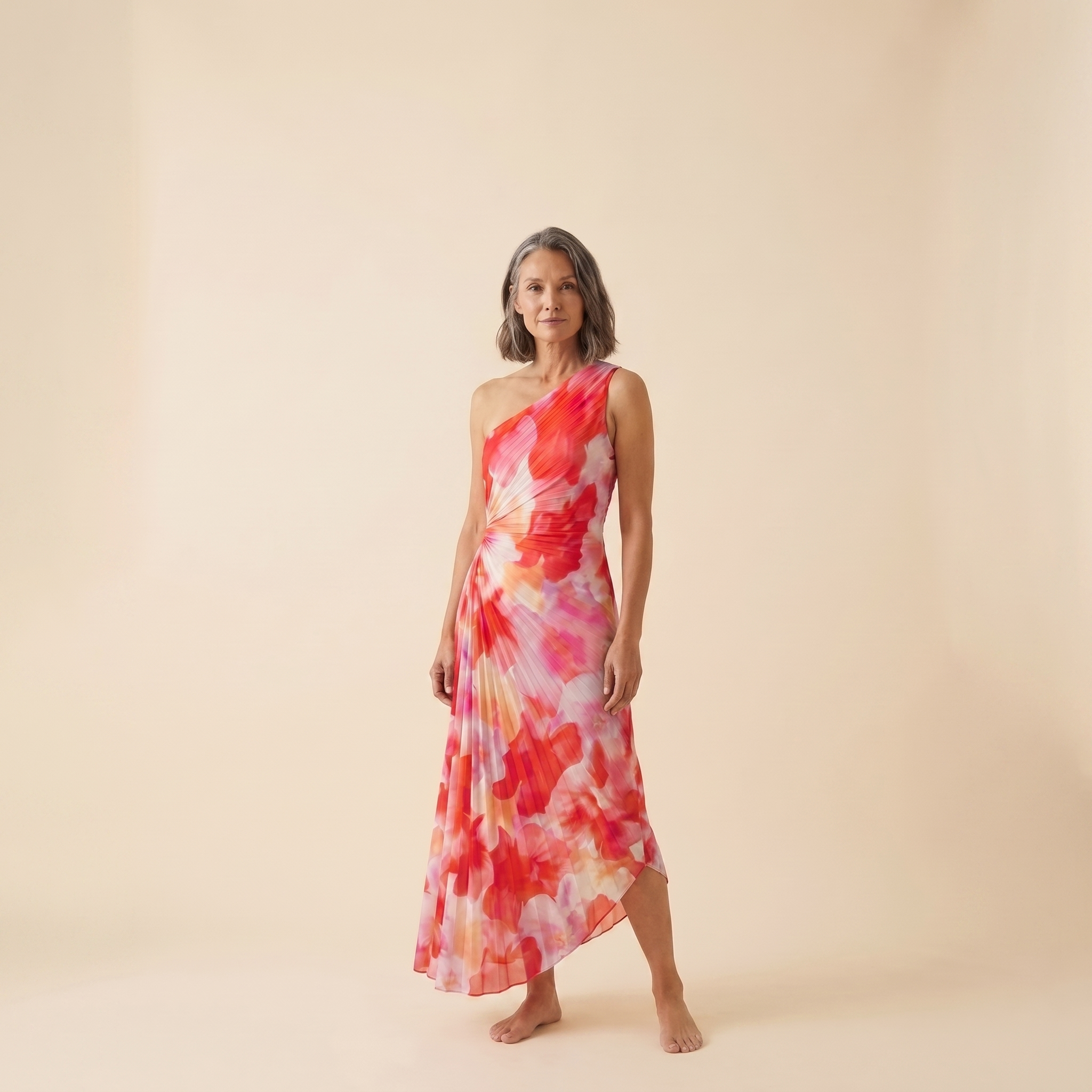 Taya Midi Dress Floral One Shoulder Pleated - Angled View