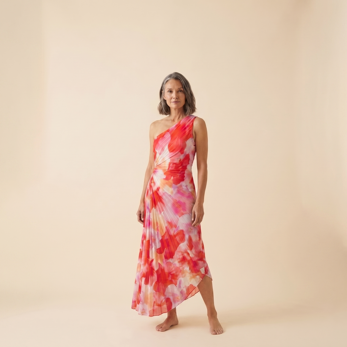 Taya Midi Dress Floral One Shoulder Pleated - Angled View