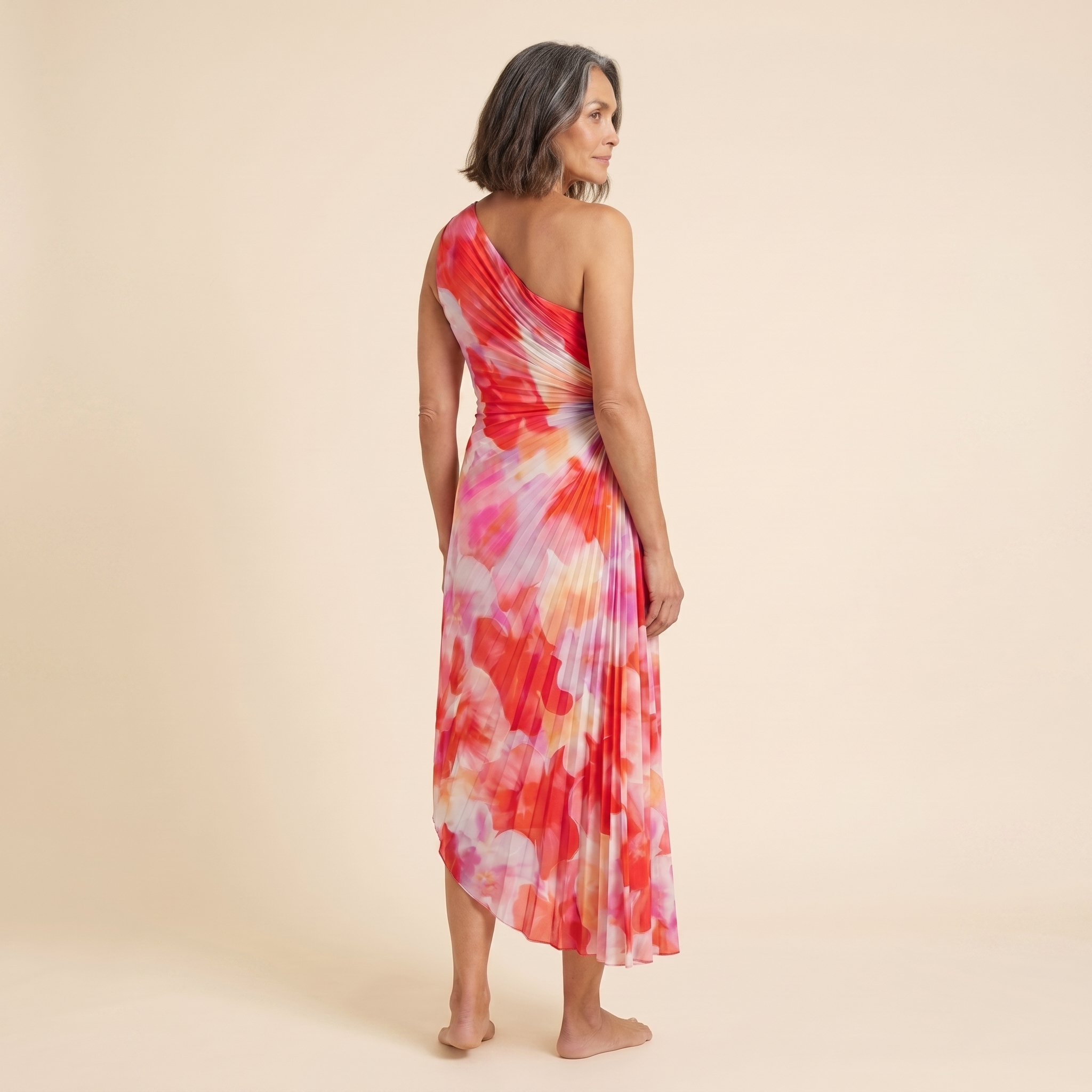 Taya Midi Dress Floral One Shoulder Pleated - Back View