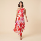 Taya Midi Dress Floral One Shoulder Pleated - Walking Pose