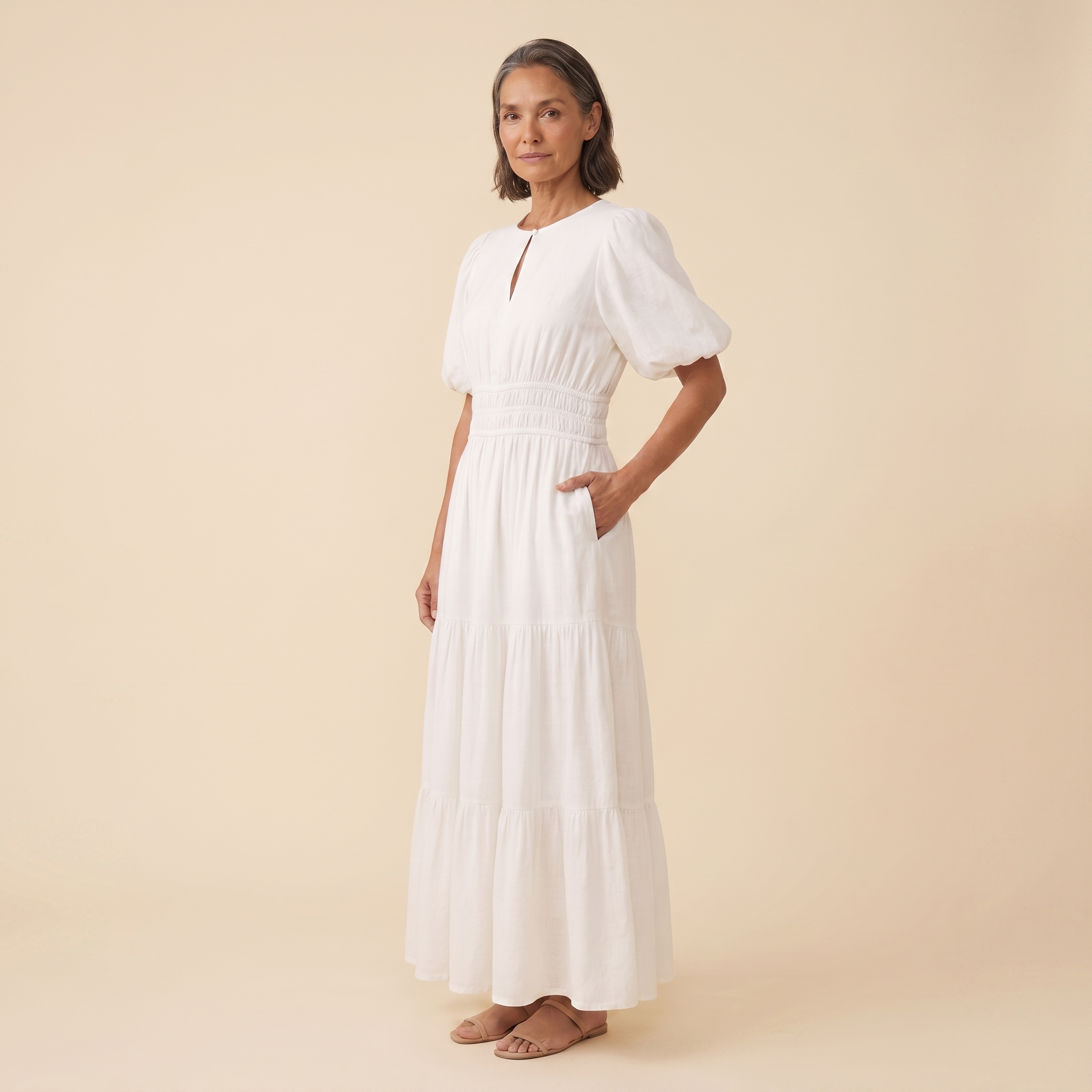 Citrine Cotton Midi Dress White - three quarter angle on model