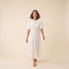 Citrine Cotton Midi Dress White - walking pose on model
