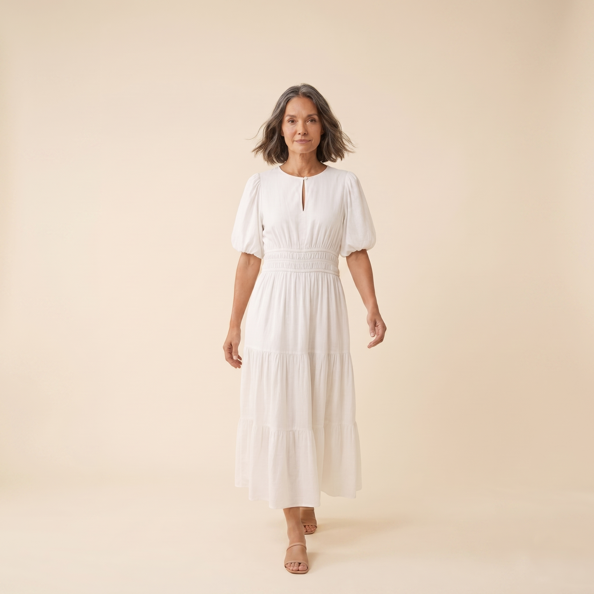 Citrine Cotton Midi Dress White - walking pose on model