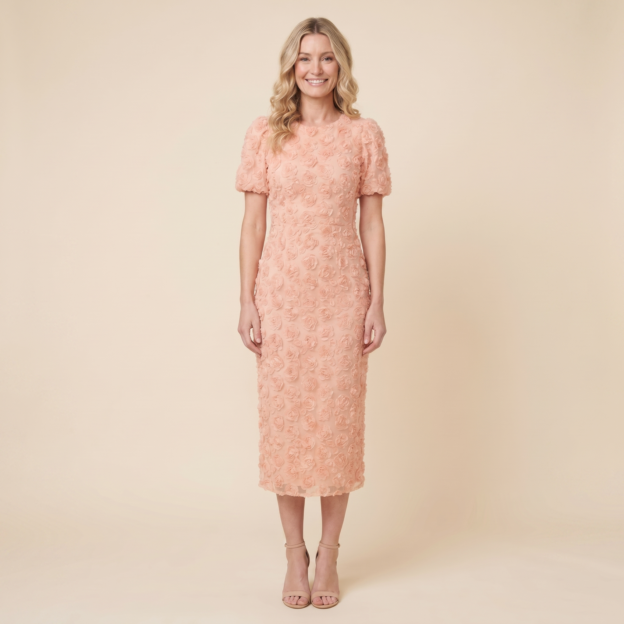Dara Floral Midi Dress Peach Pink - front view on model