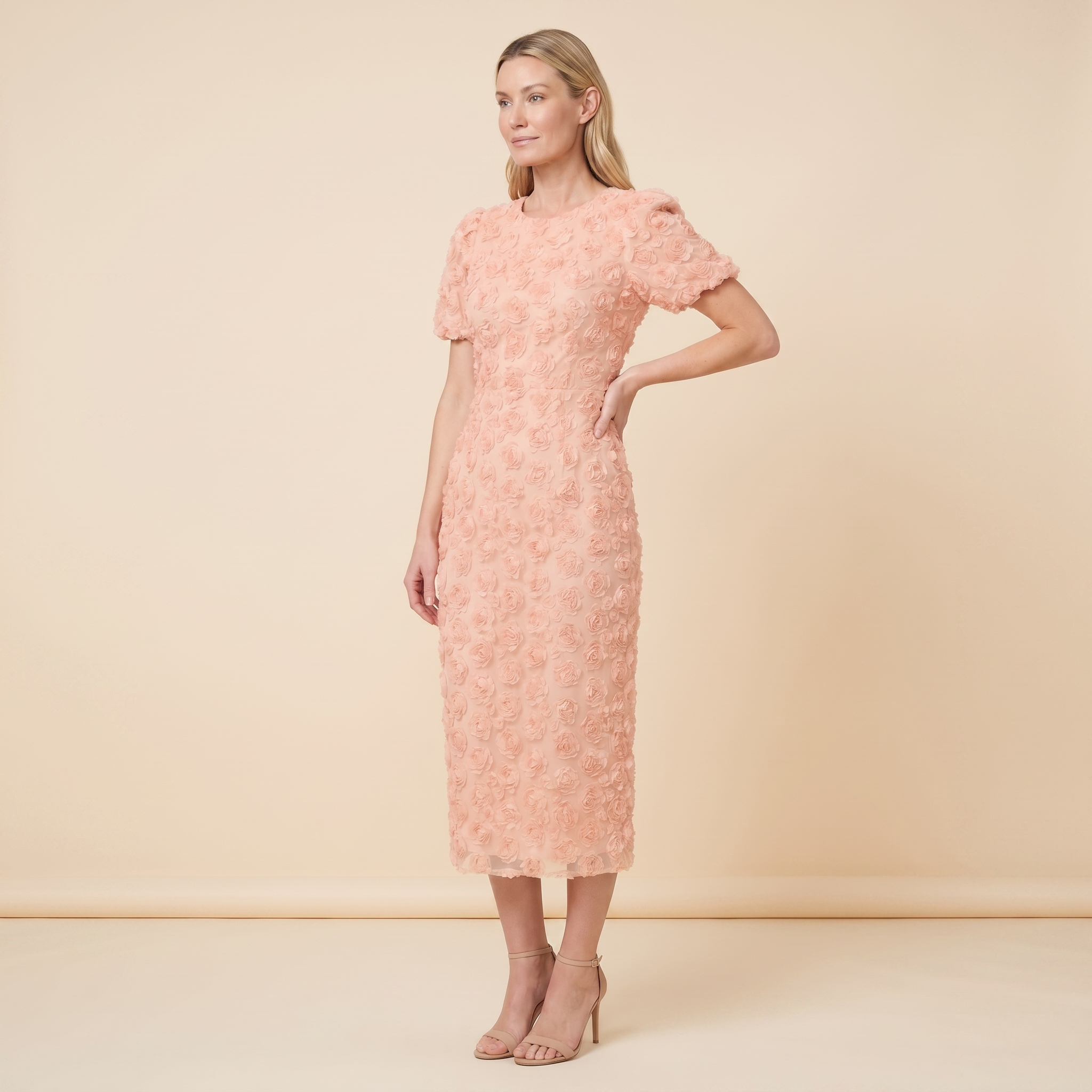 Dara Floral Midi Dress Peach Pink - three quarter angle on model