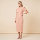 Dara Floral Midi Dress Peach Pink - three quarter angle on model
