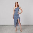 Dazzle Midi Dress in Steel Blue - front view on model