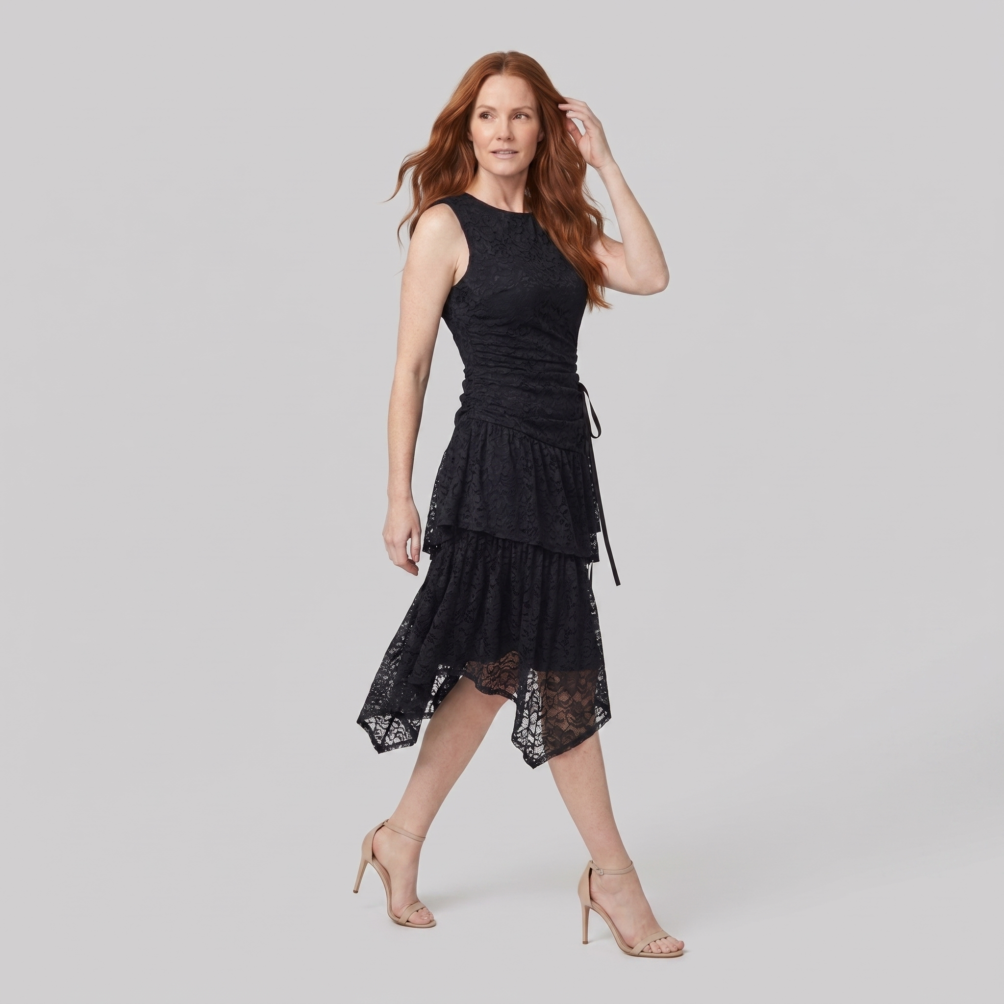 Hera Lace Dress walking pose on model