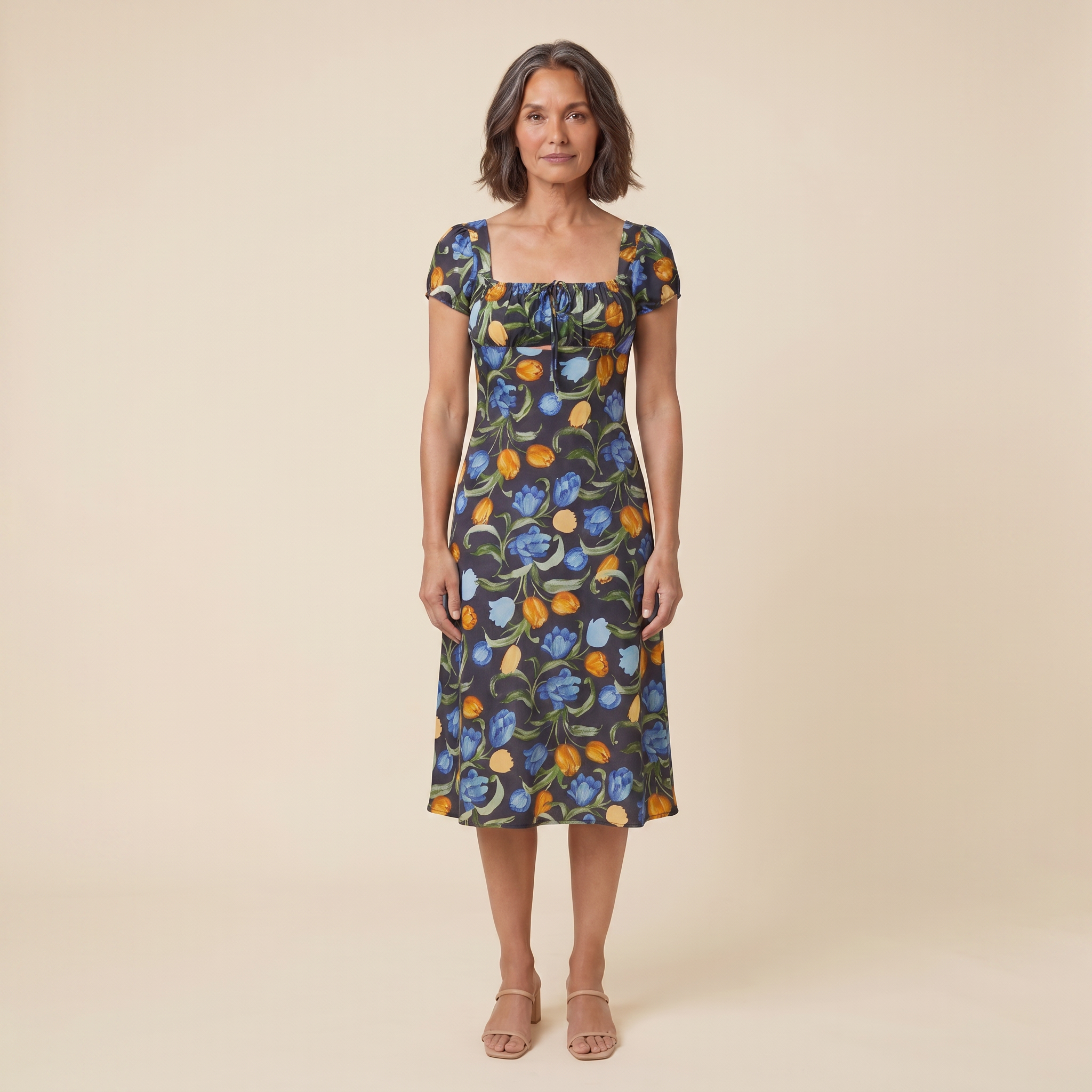 Ivy Summer Dress black floral print front view on model