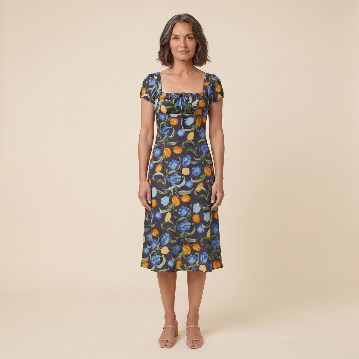 Ivy Summer Dress black floral print front view on model