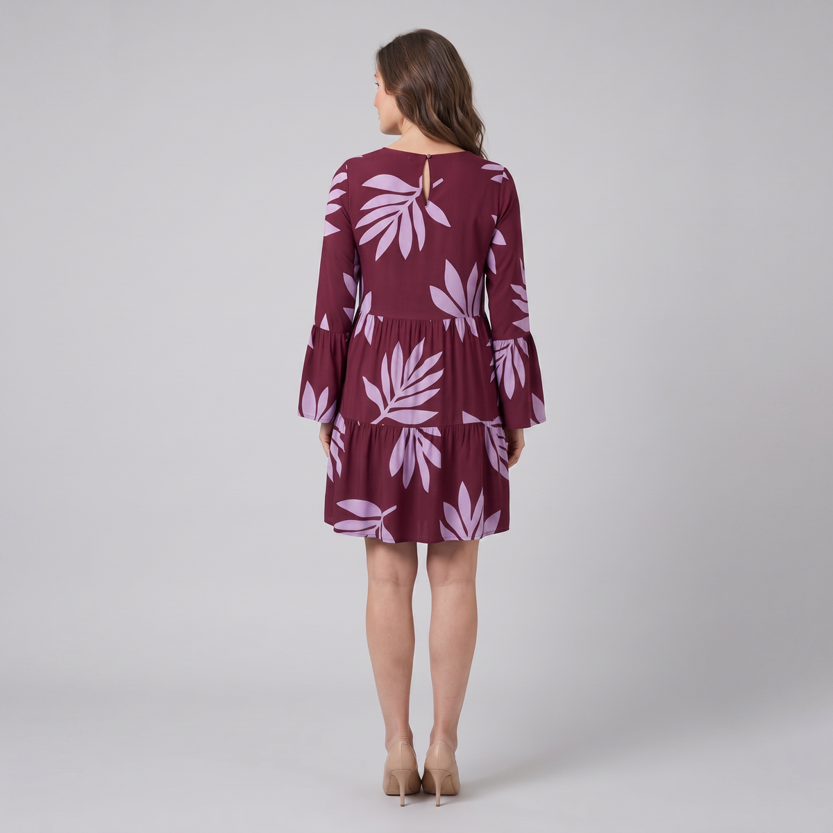 Kora Women's Dress bias cut tiered panels back view on model