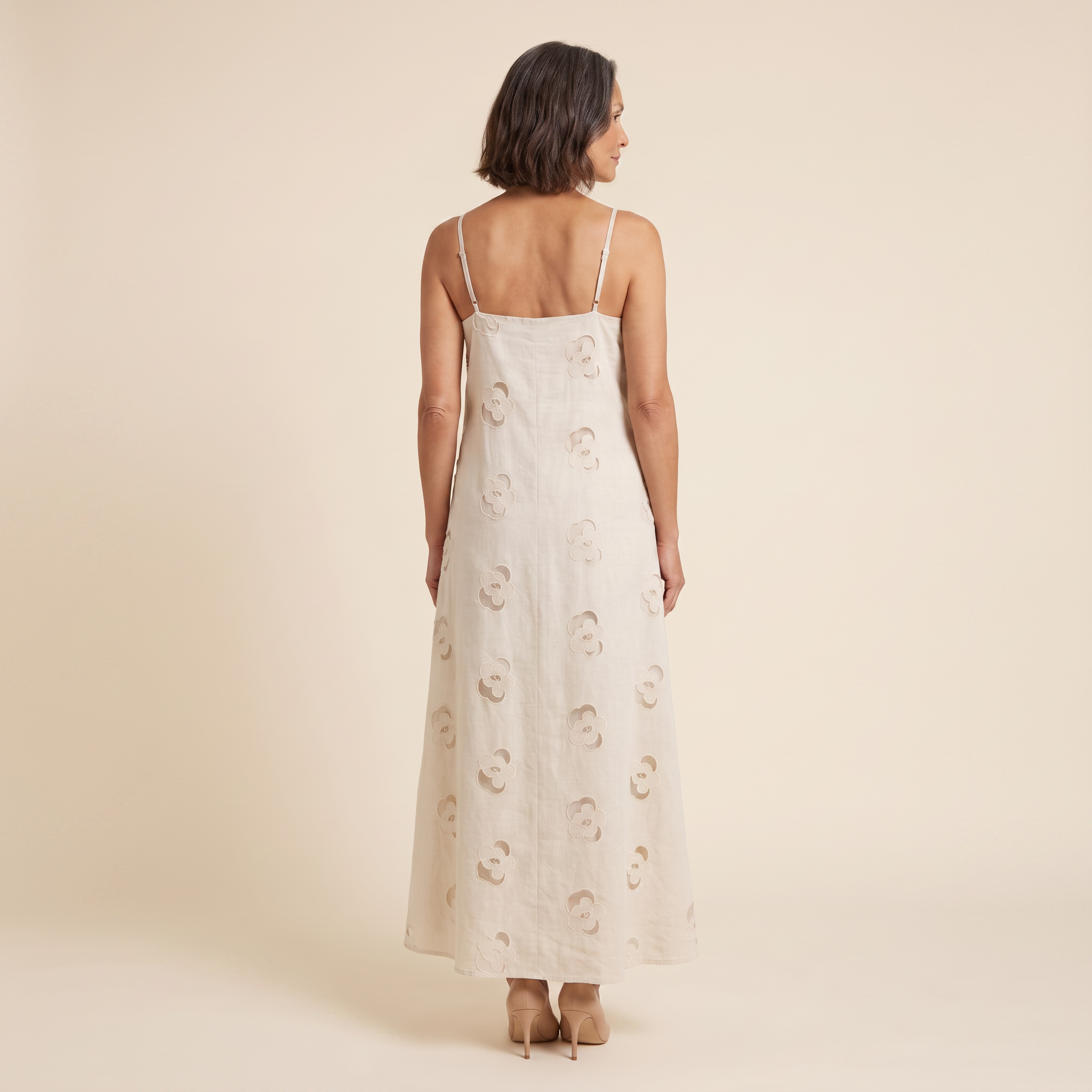 Mira Maxi Dress beige cutwork A-line dress back view model