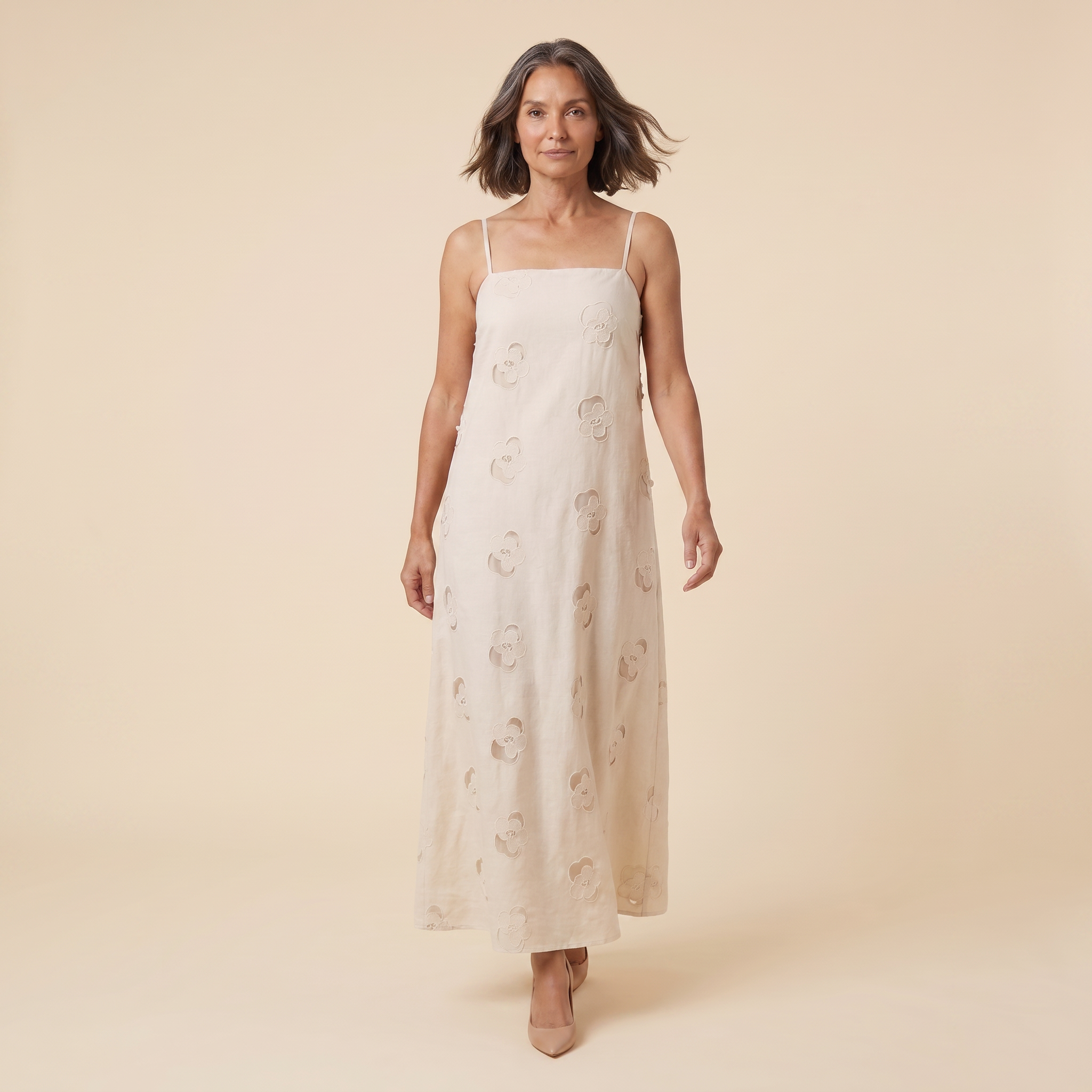Mira Maxi Dress beige cutwork A-line dress walking pose model