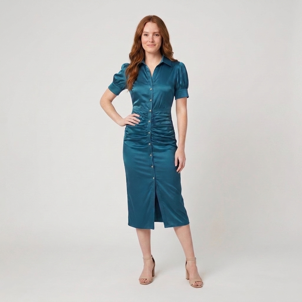 Ravine Midi Dress teal satin front view model pose A