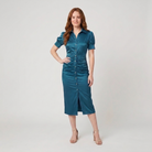 Ravine Midi Dress teal satin front view model pose A