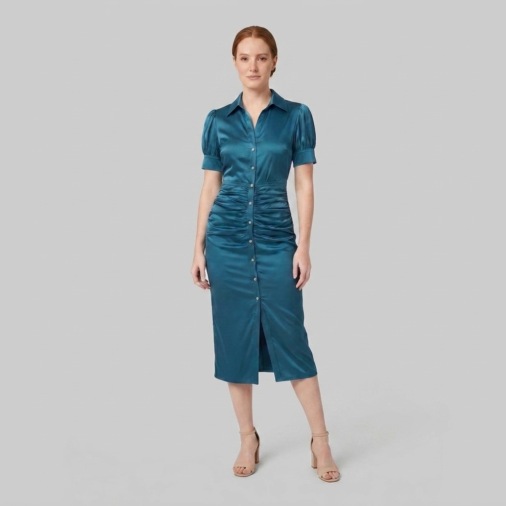 Ravine Midi Dress teal satin front view model pose B