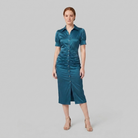 Ravine Midi Dress teal satin front view model pose B