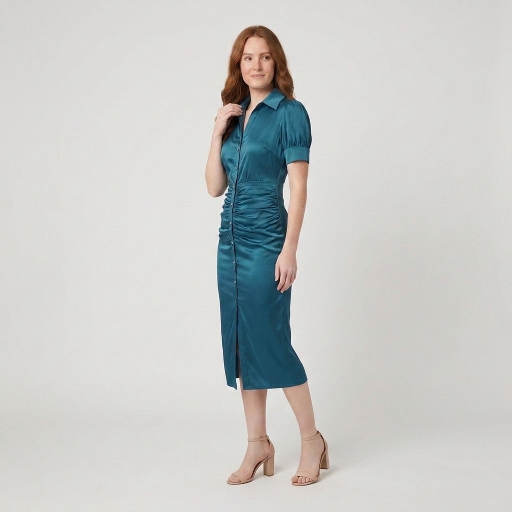 Ravine Midi Dress teal satin side three-quarter angle model