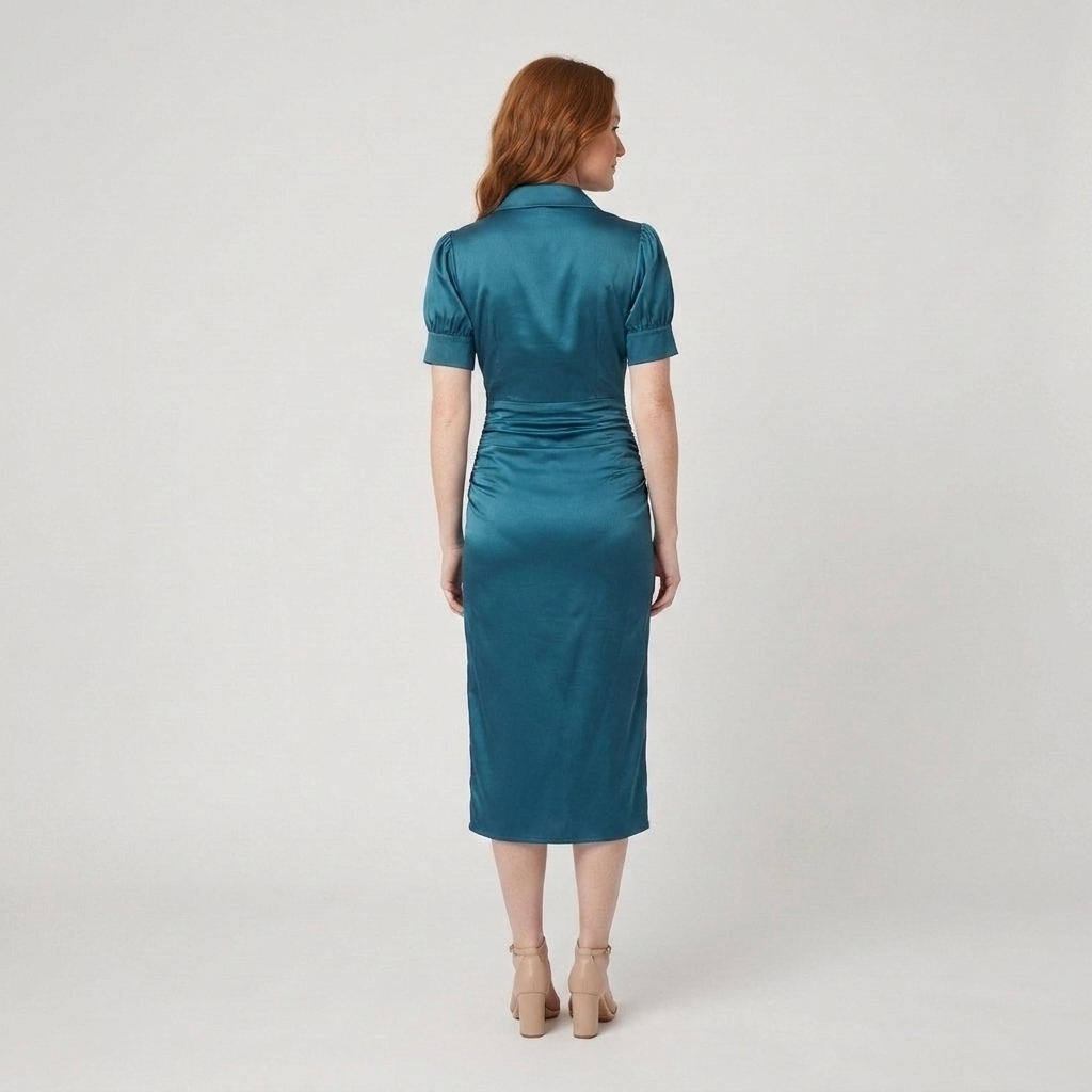 Ravine Midi Dress teal satin back view model
