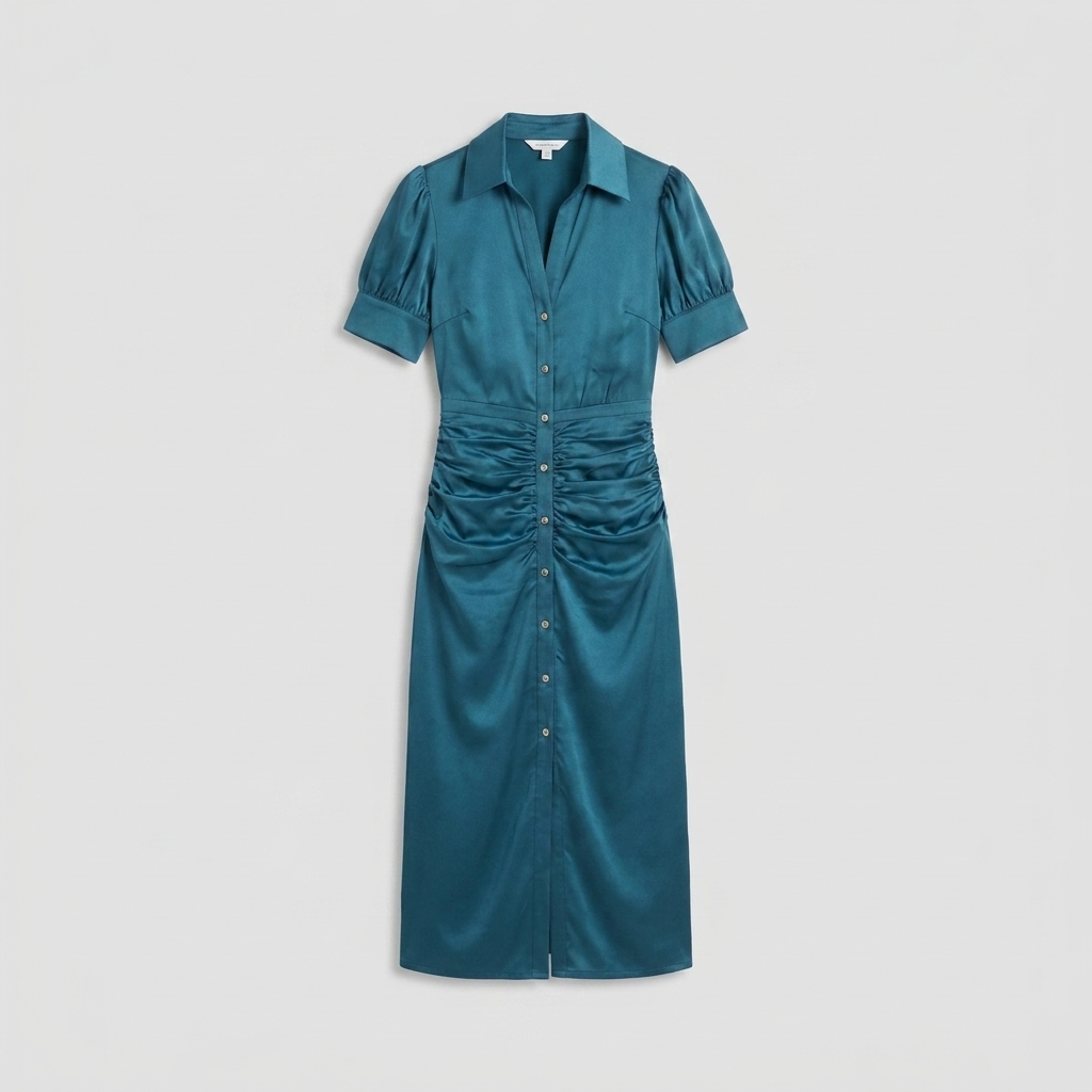 Ravine Midi Dress teal satin product only flat lay