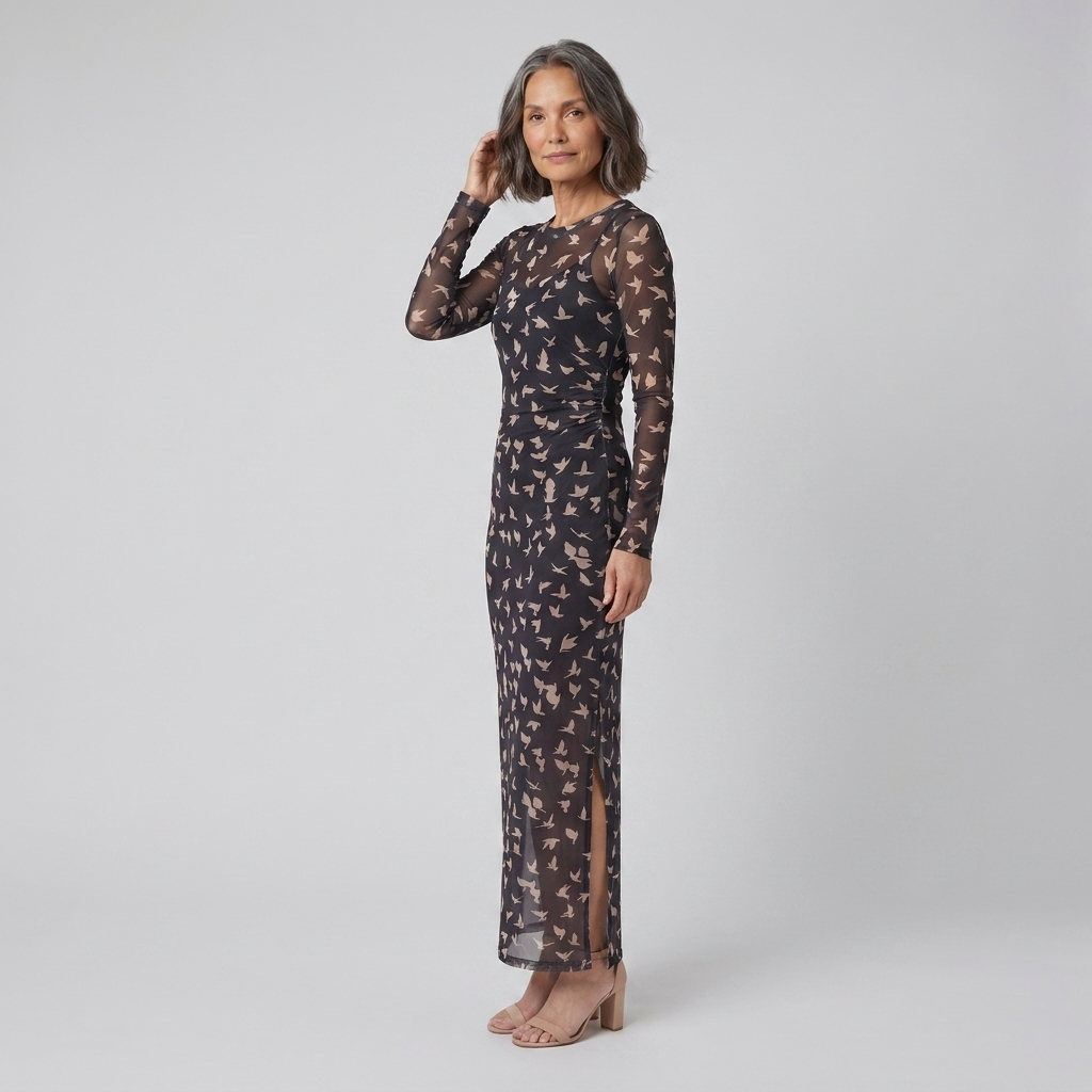 Sable Black Dress mesh long sleeve side three-quarter angle model