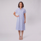 Sierra blue striped shirt dress front view on model