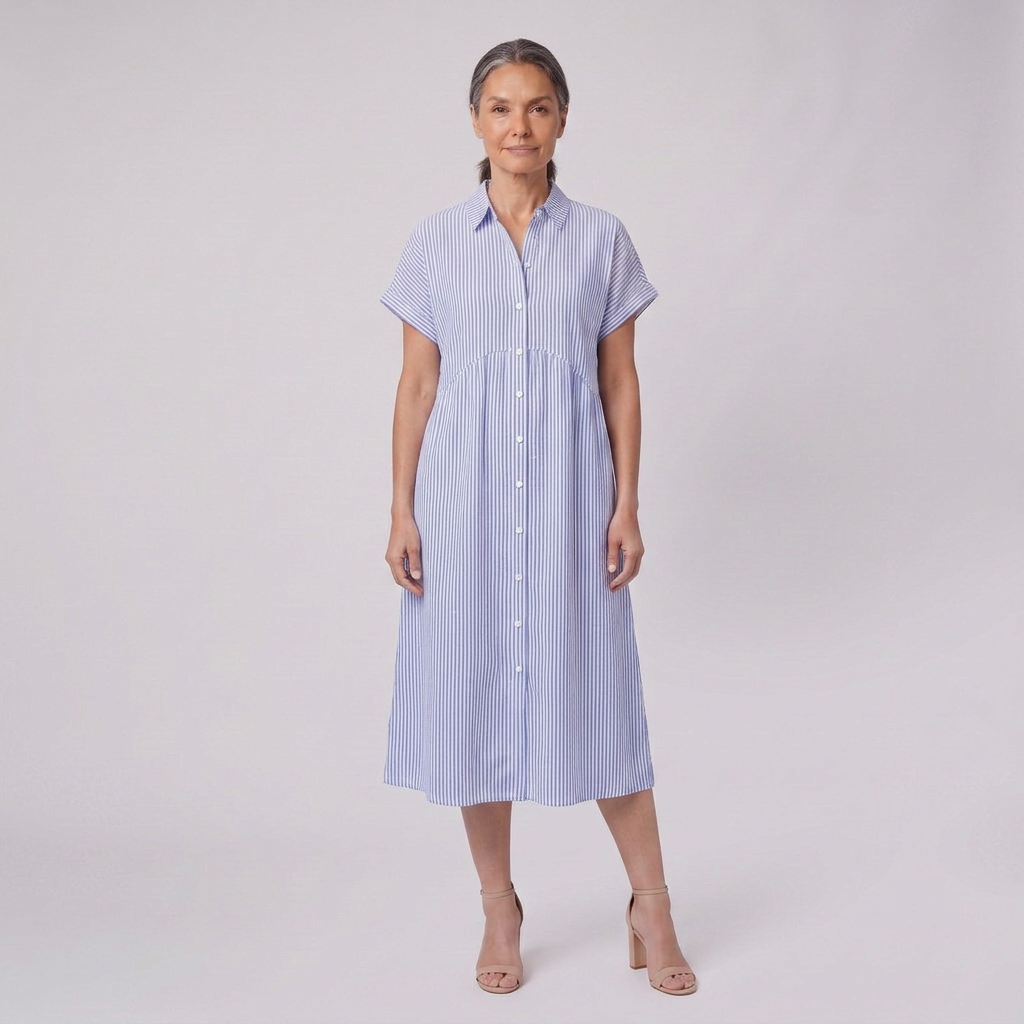 Sierra blue striped shirt dress relaxed pose on model