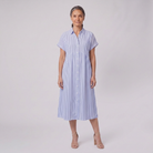 Sierra blue striped shirt dress relaxed pose on model