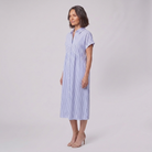 Sierra blue striped shirt dress side angle on model