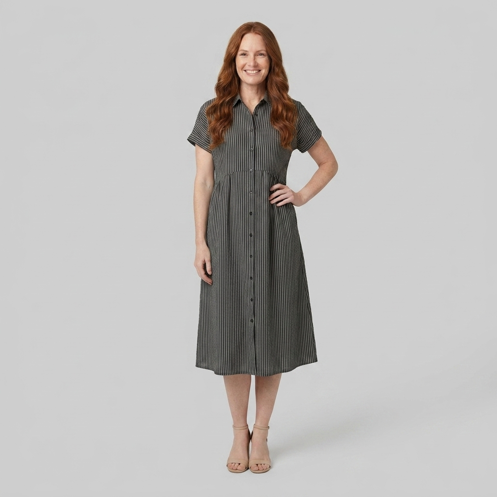 Sierra black striped shirt dress front view on model