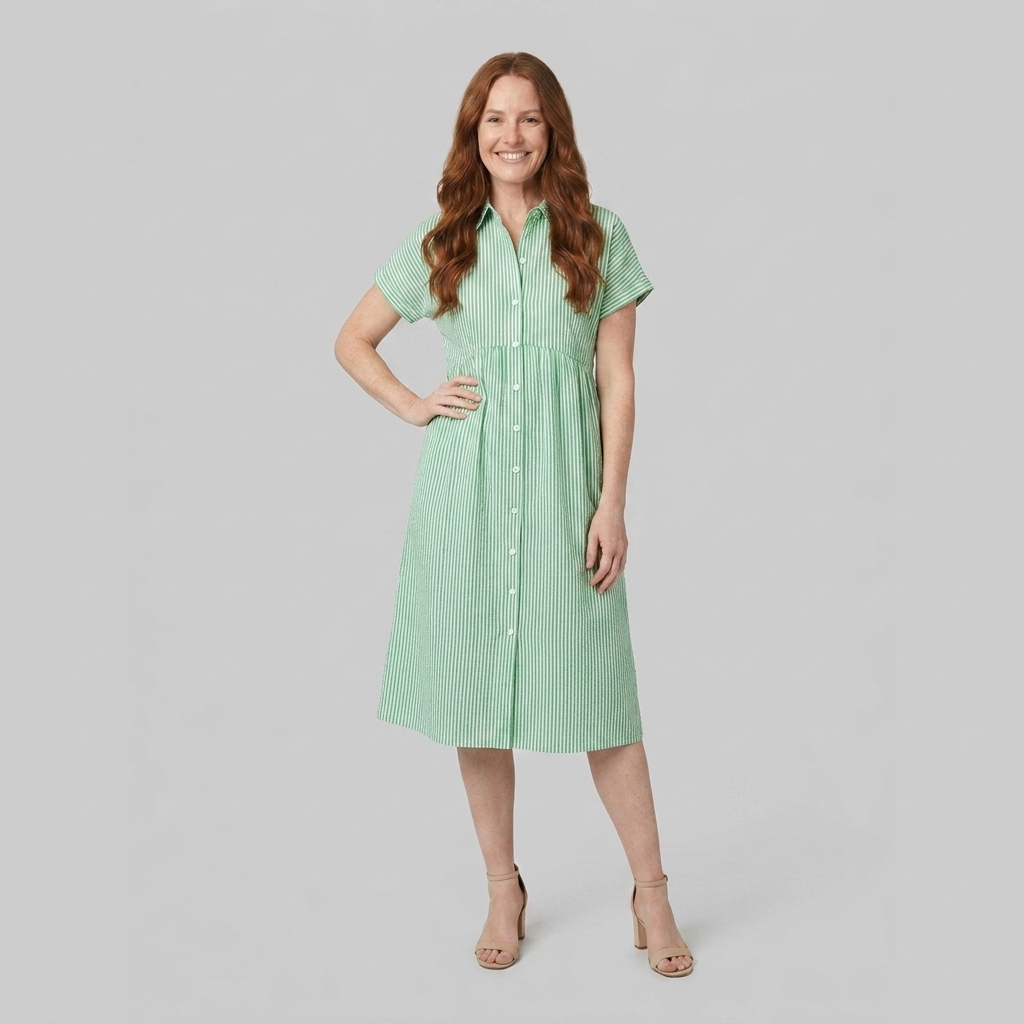 Sierra green striped shirt dress front view on model