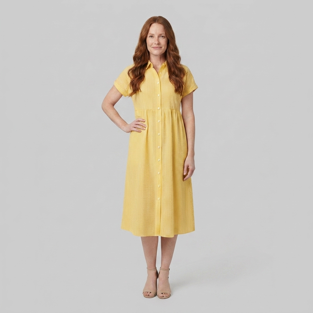 Sierra yellow striped shirt dress front view on model