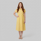 Sierra yellow striped shirt dress front view on model