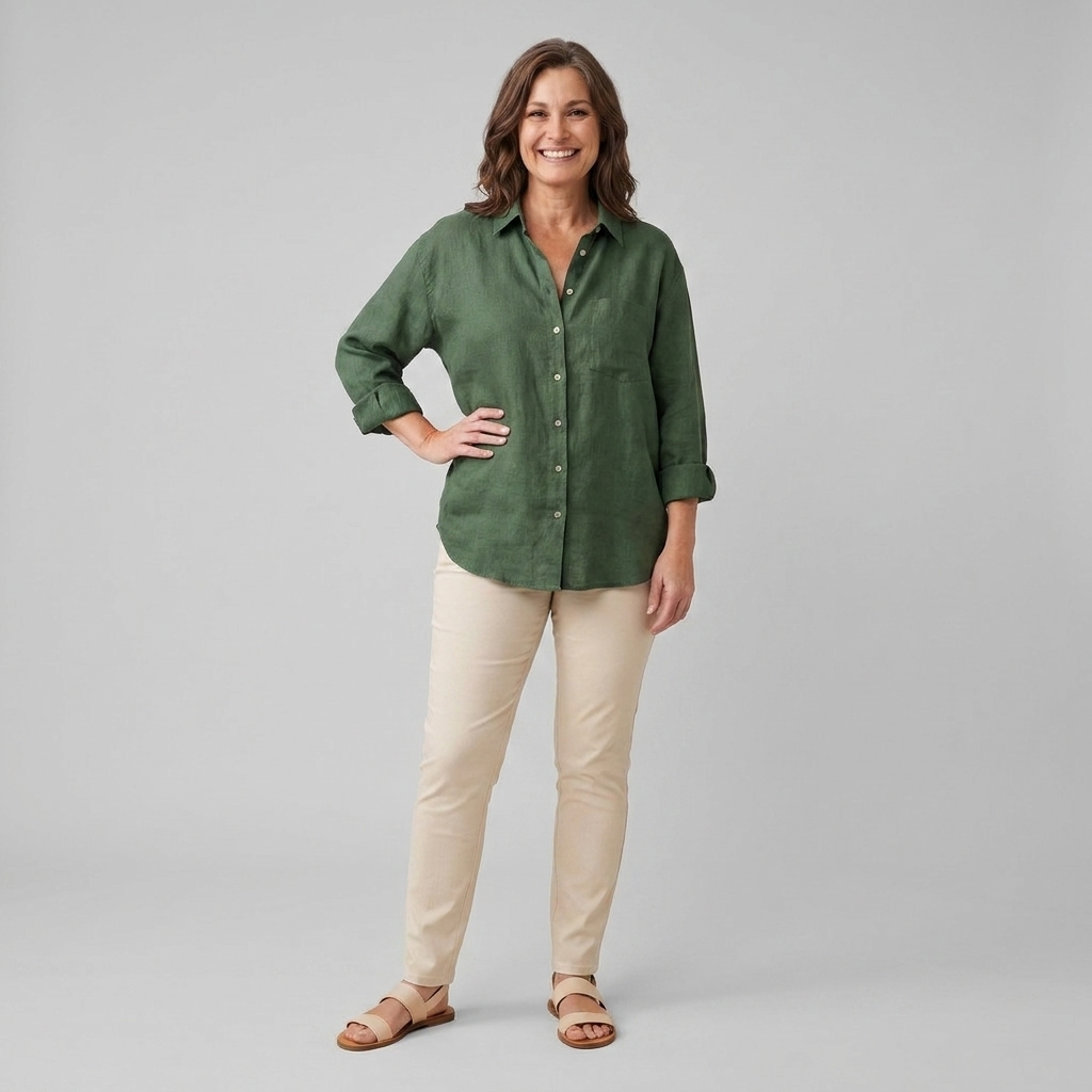 Cleo Women's Linen Shirt Forest Green - Front View